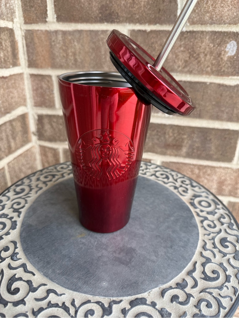 Starbucks Metallic Red Tumbler with Lid and Straw 20oz